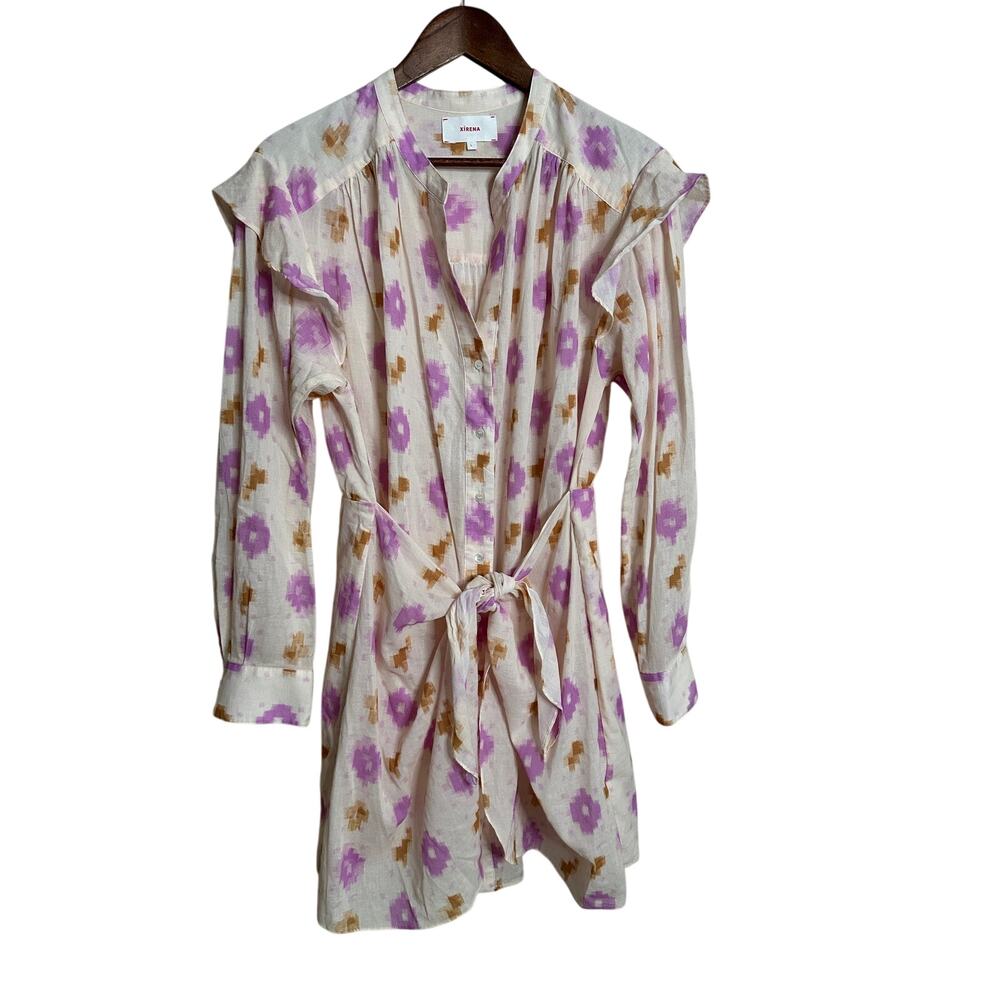Xirena Suri Dress in Lilac Ikat size L NWOT Tie Waist Ruffle Shoulder